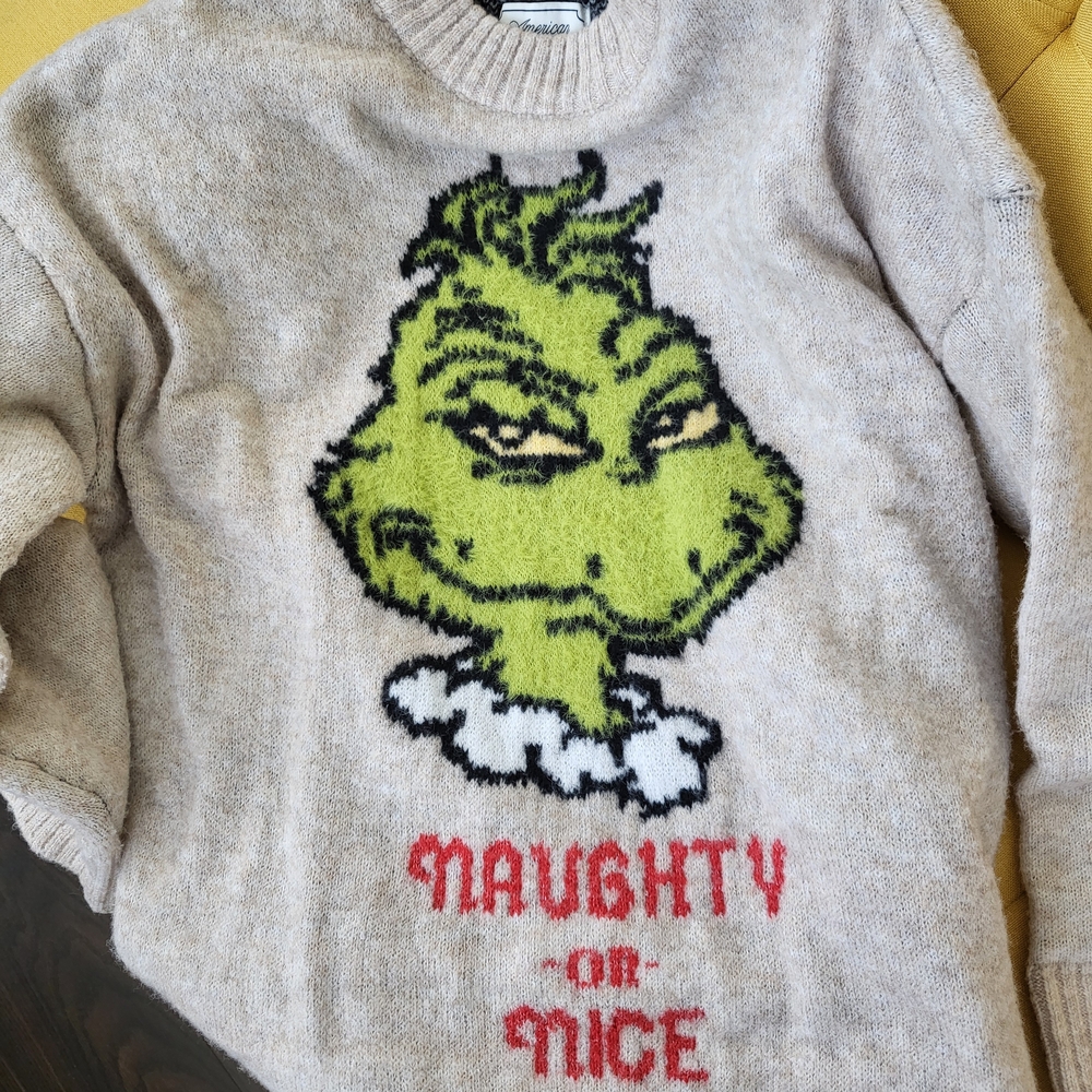 American Eagle Grinch Naughty or Nice Sweater - Beige